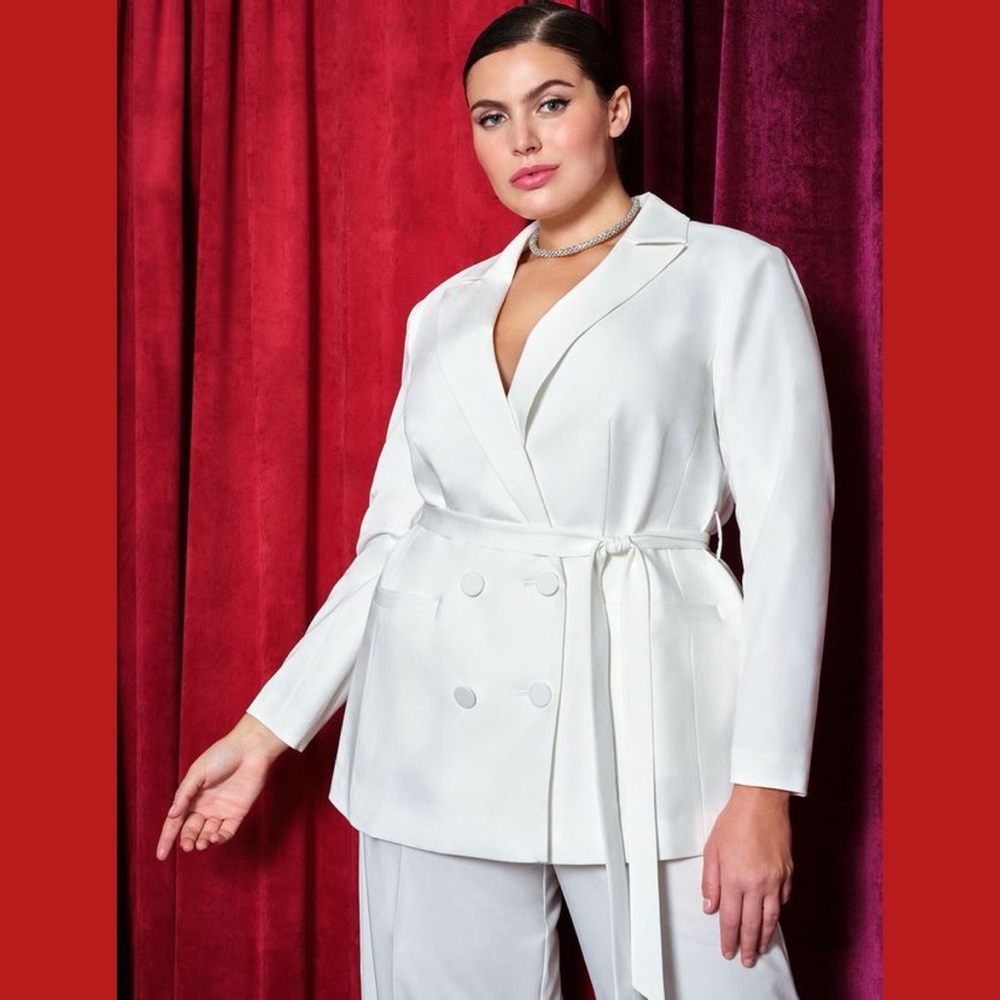 ELOQUII White Double Breasted Belted Blazer Long Back Vent Plus Size 16 NWT